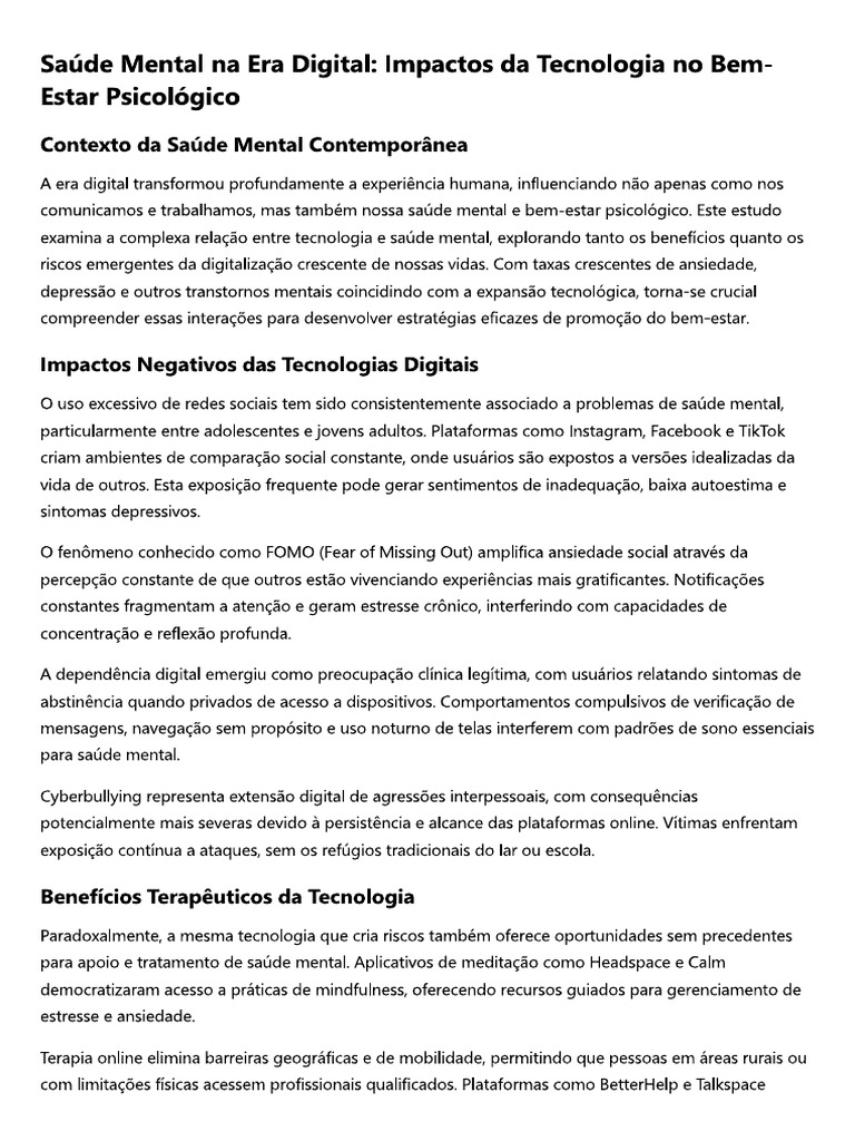 Saúde Mental Na Era Digital Impactos Da Tecnologia No Bem Estar ...