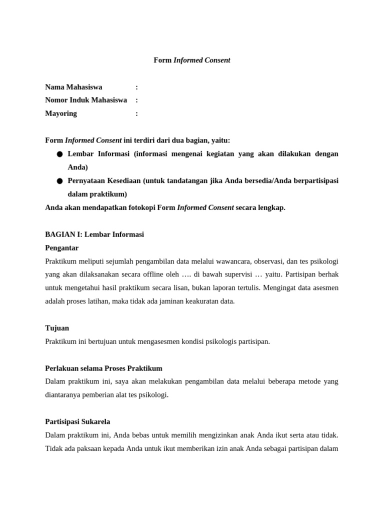Contoh Form Informed Consent Psikologi | PDF