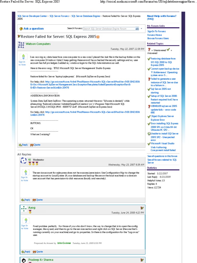 SQL Express 2005 Restore Error 5 | PDF | Microsoft Sql Server ...