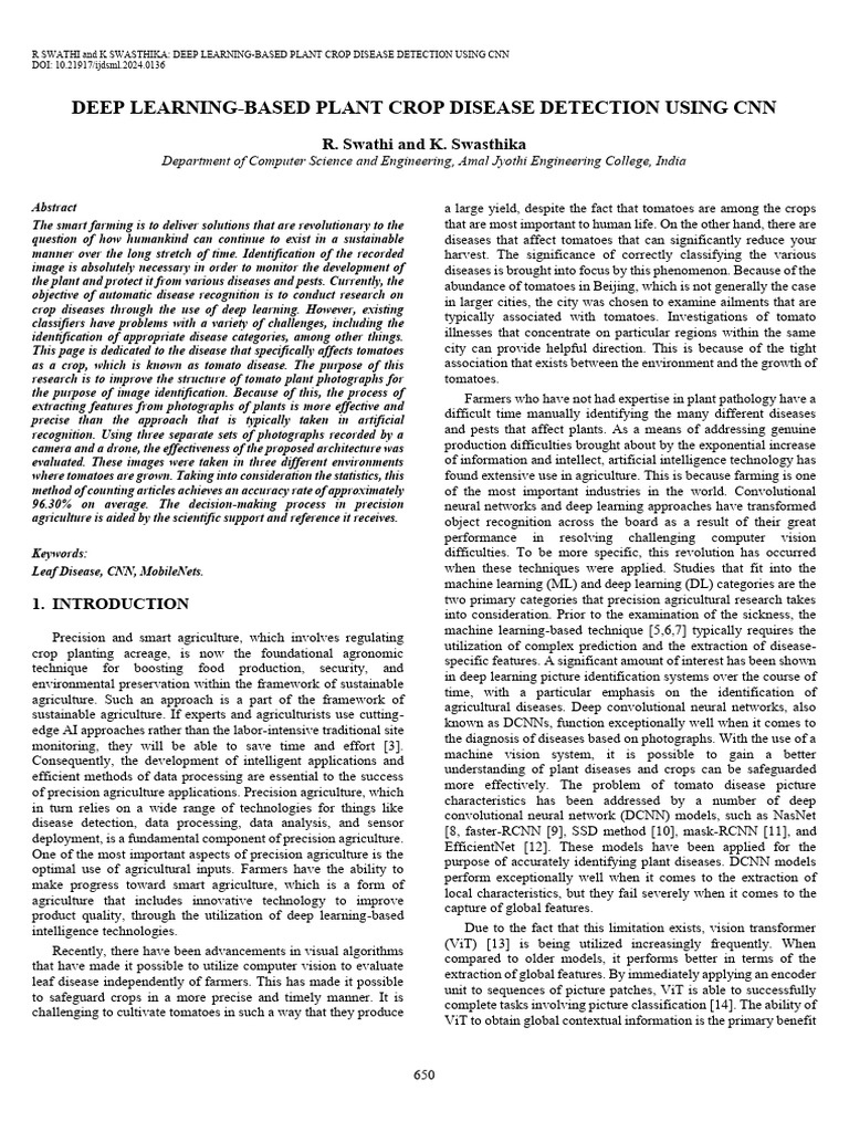 Deep Learning for Tomato Disease Detection | PDF | Deep Learning ...