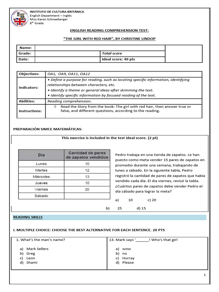 8th Grade Reading Comprehension Test | PDF