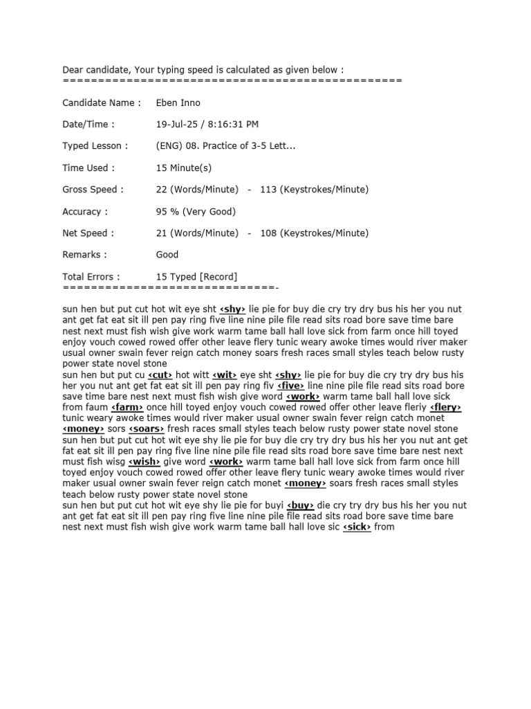 Typing Speed Report for Eben Inno | PDF
