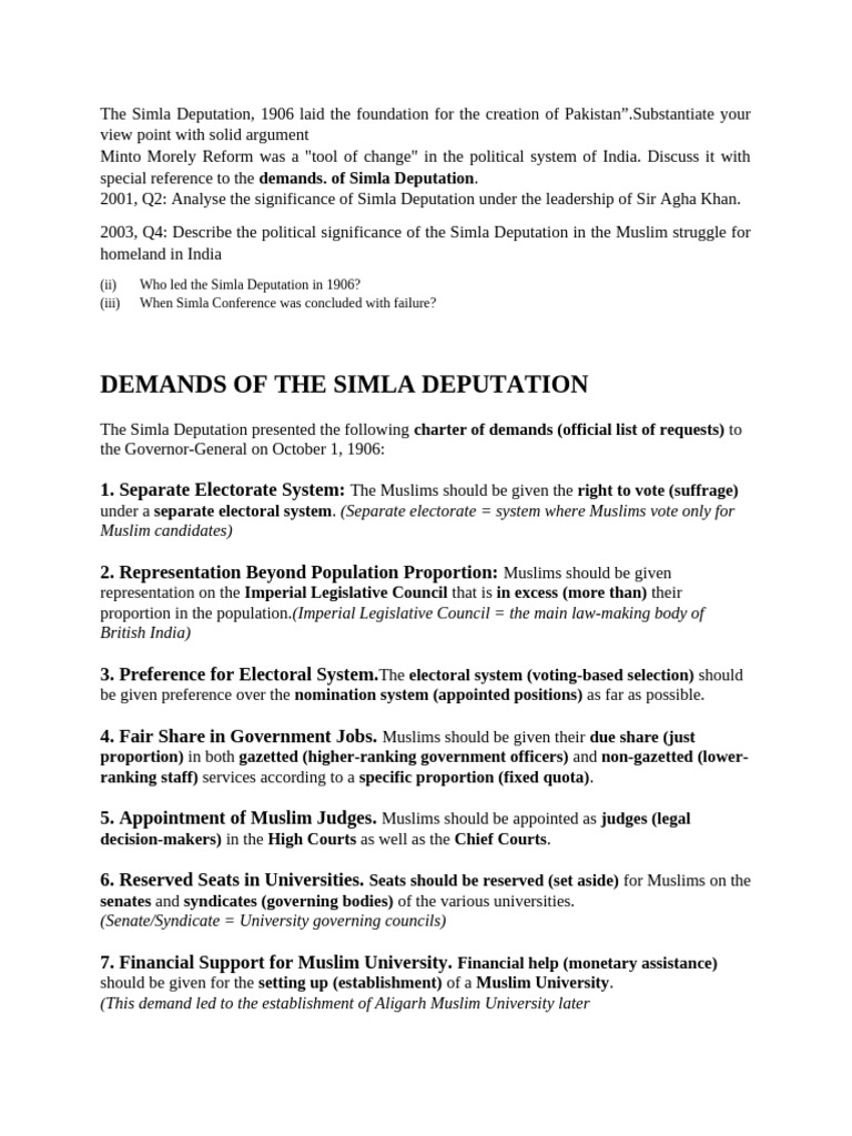 Significance of the Simla Deputation 1906 | PDF | All India Muslim ...