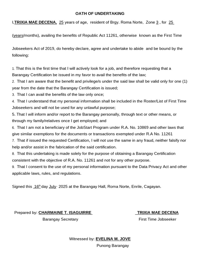 Oath of Undertaking For First Time Job Seeker | PDF