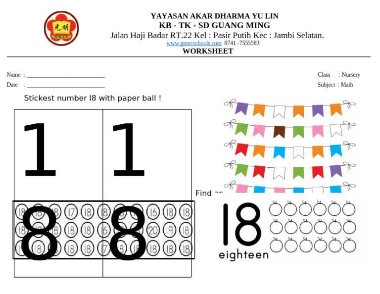 Nursery Math Worksheet: Number 18 | PDF