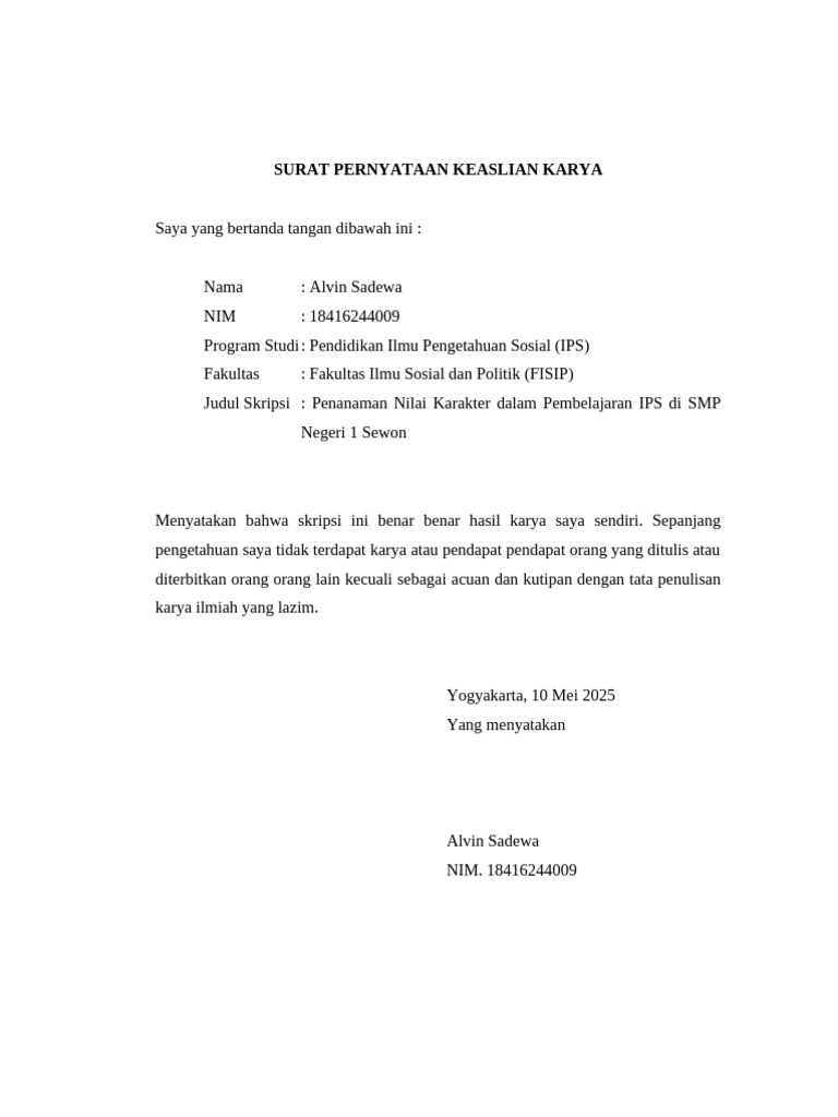 Surat Pernyataan Keaslian Skripsi IPS | PDF