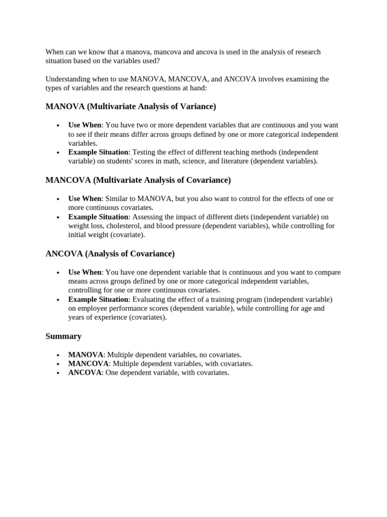 MANOVA, MANCOVA, ANCOVA Explained | PDF