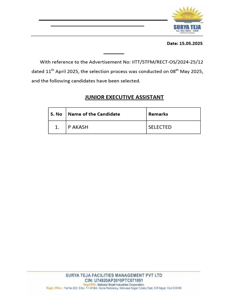 Junior Executive Assistant Selection Notice | PDF
