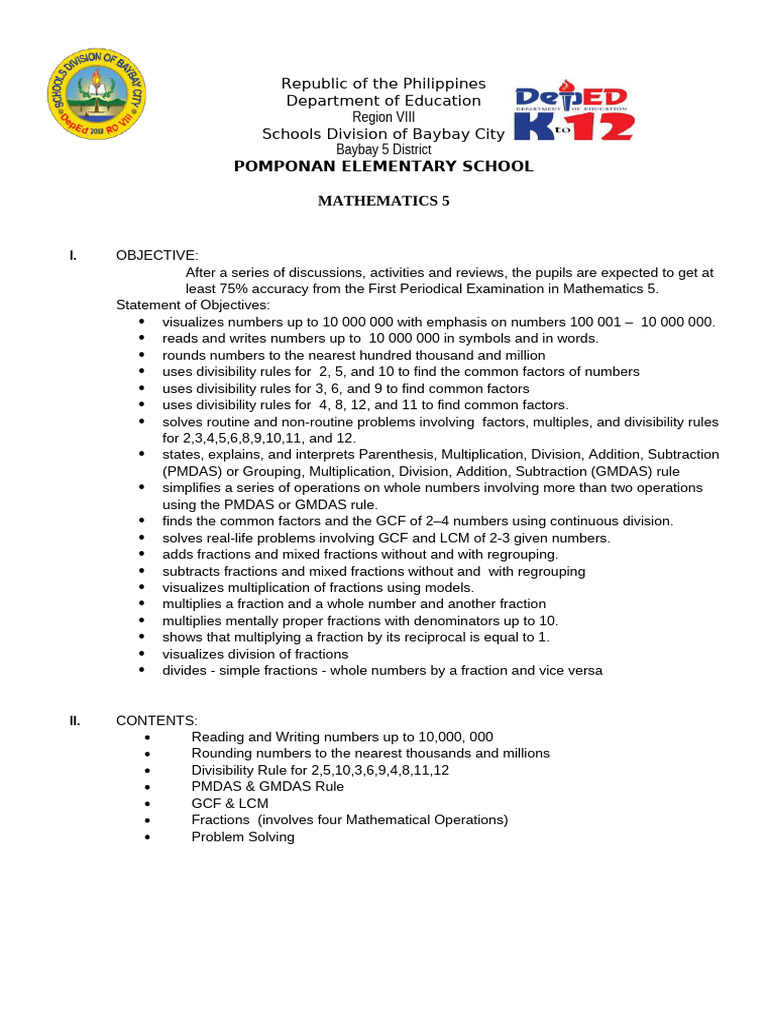 Mathematics 5 First Periodical Exam Guide | PDF | Multiplication ...