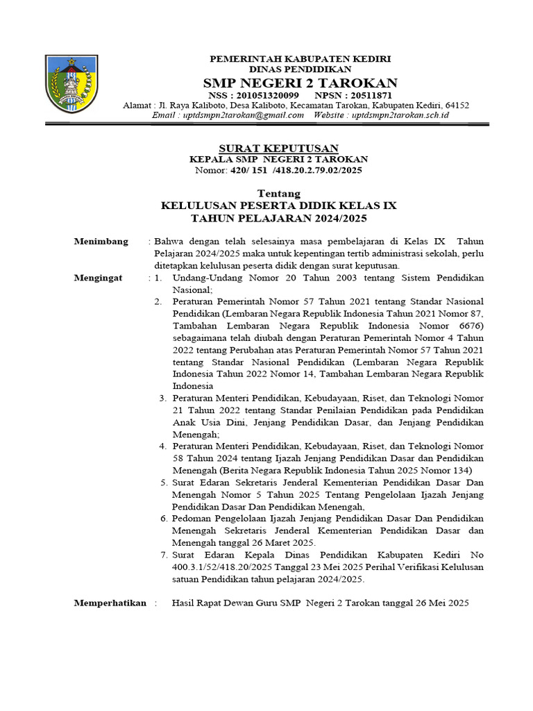 Kelulusan Kelas IX SMPN 2 Tarokan 2025 | PDF
