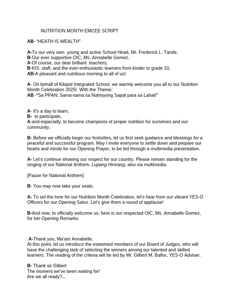 Nutrition Month 2025 Emcee Script | PDF