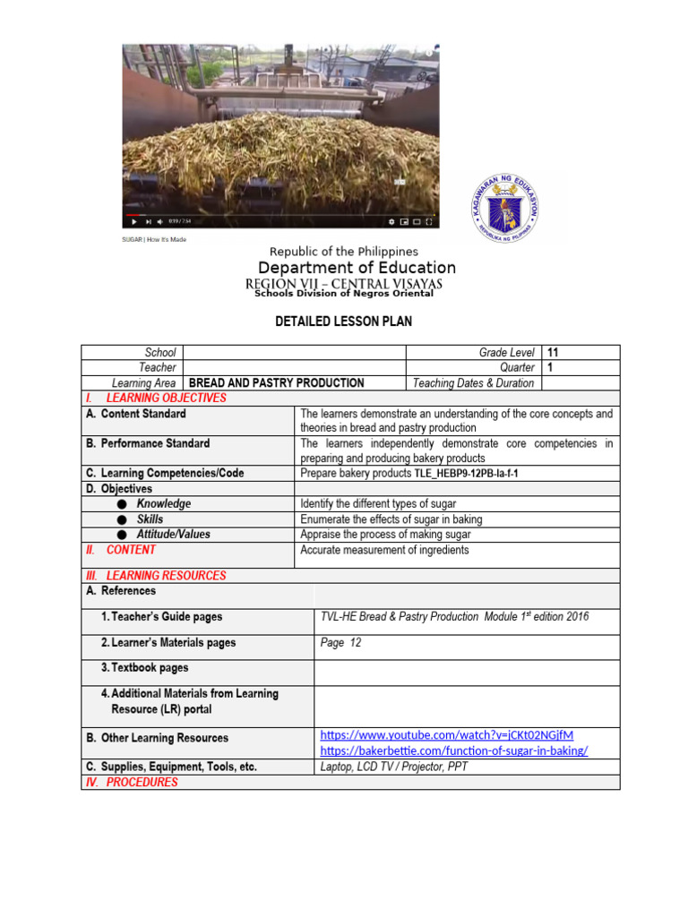 Bread and Pastry Production Lesson Plan | PDF | Sugar | Diet & Nutrition