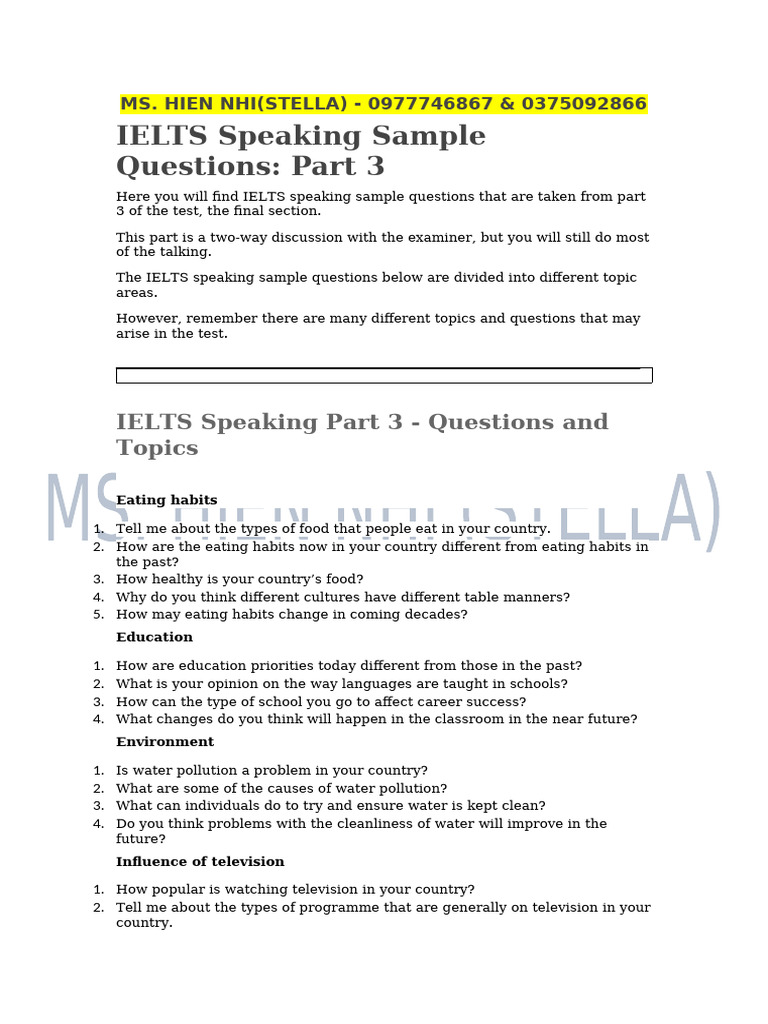 IELTS Speaking Part 3 Sample Questions | PDF | International English ...