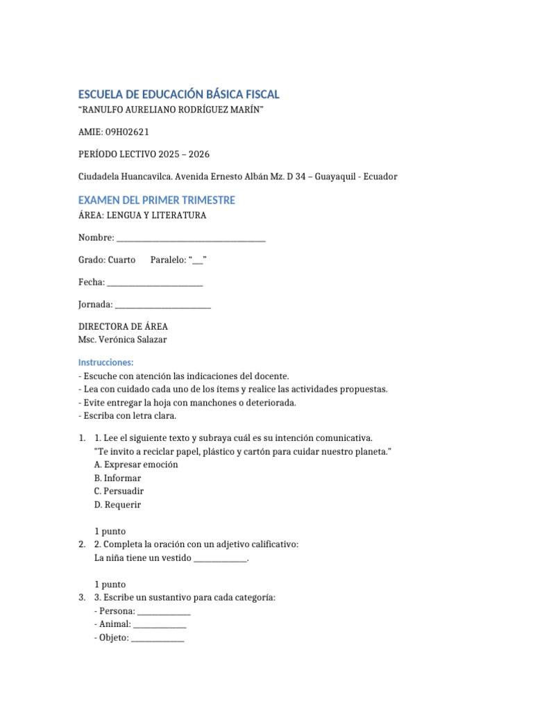 Examen de Lengua y Literatura 4to Grado | PDF | Lingüística