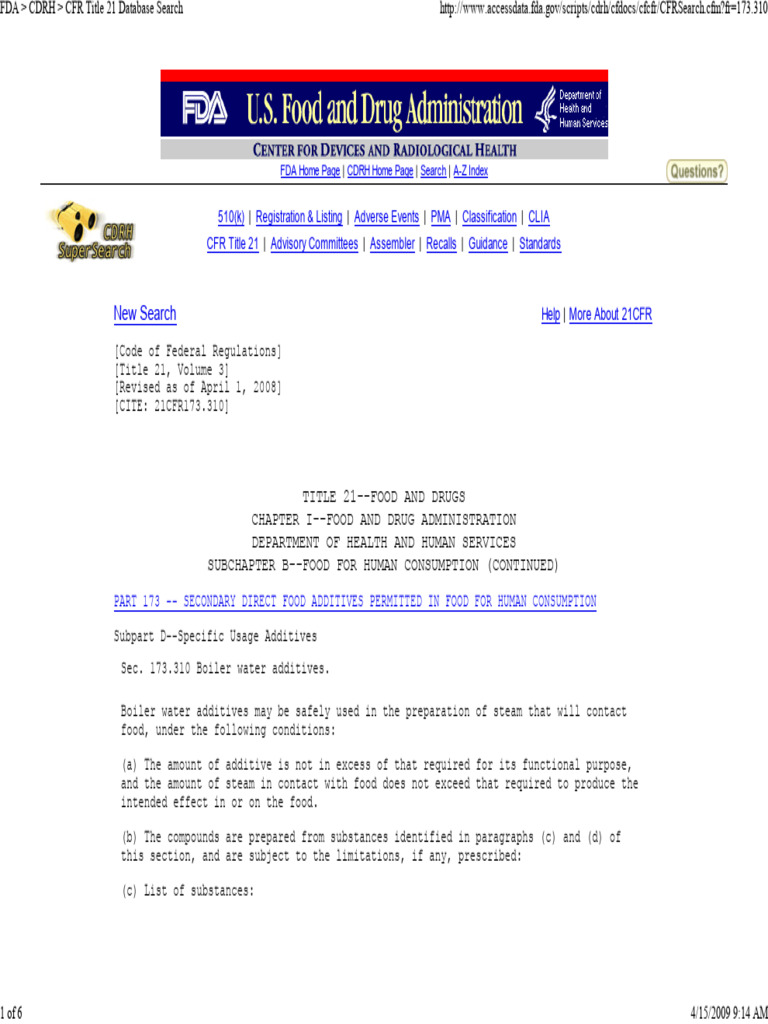FDA Cfr173.310 Title 21 | PDF | Sodium | Food And Drug Administration