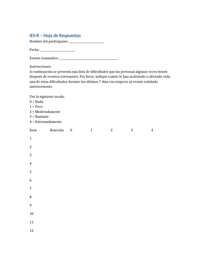 Hoja de Respuestas IES-R para Eventos Traumáticos | PDF