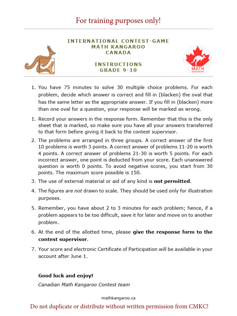 For Training Purposes Only!: International Contest-Game Math Kangaroo ...
