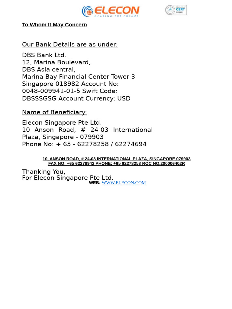 Bank Details - Elecon Singapore | PDF