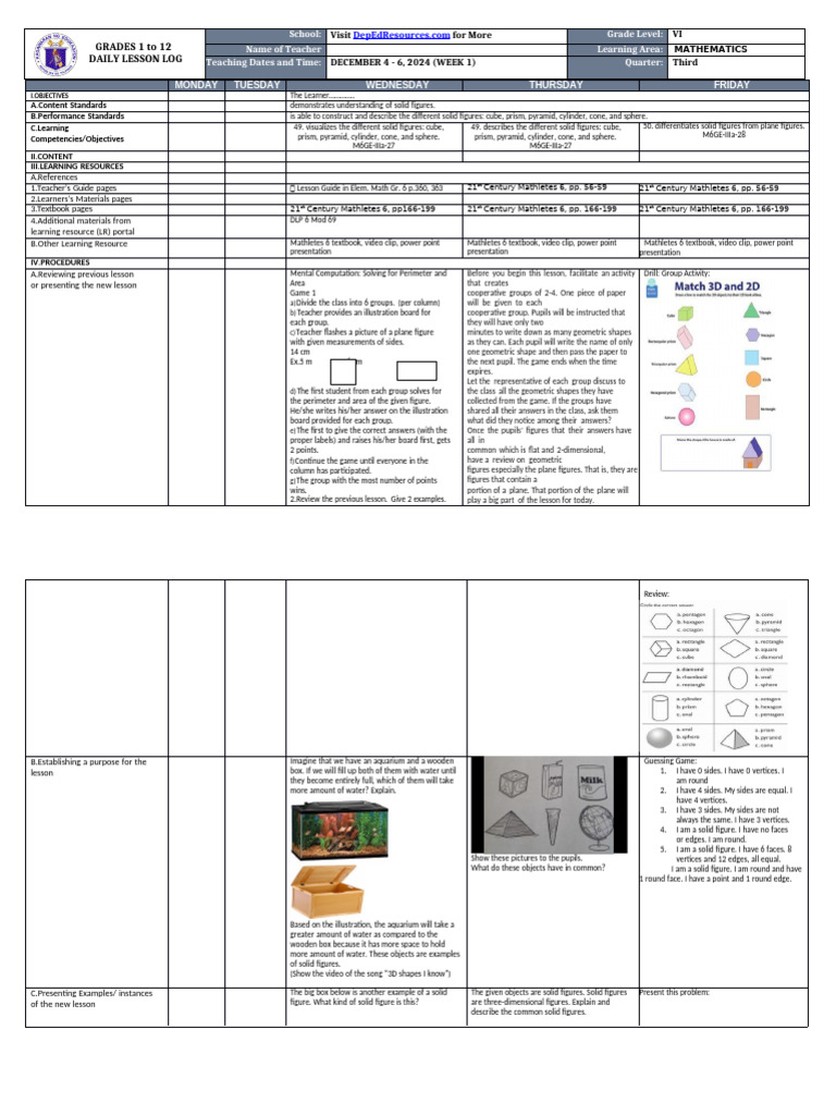 Solid Figures Lesson Plan for Grade 6 | PDF | Shape | Area