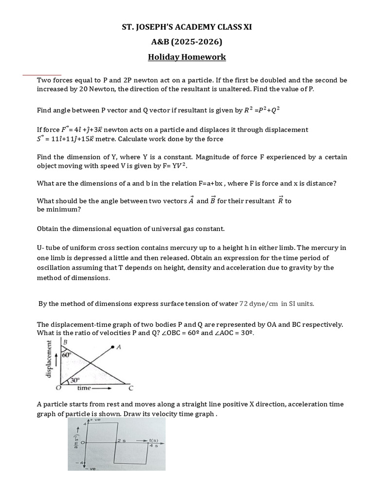 Class XI Holiday Homework 2025-26 | PDF | Force | Electron