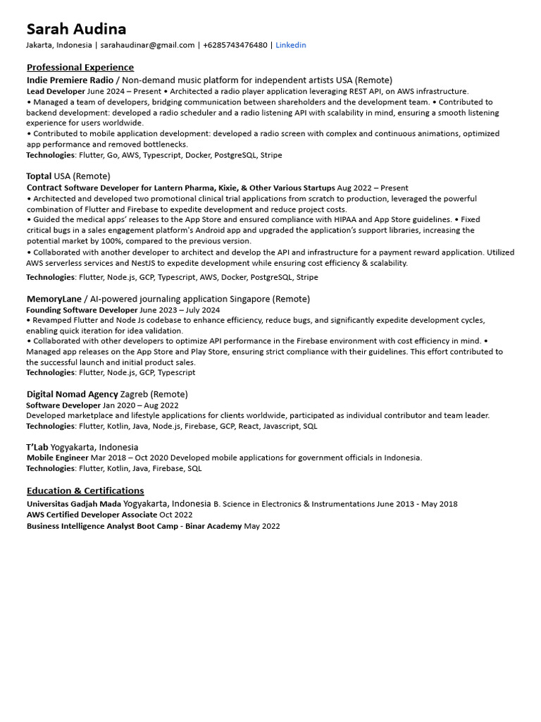 Sarah Audina: Software Developer Profile | PDF | Mobile App | Computing