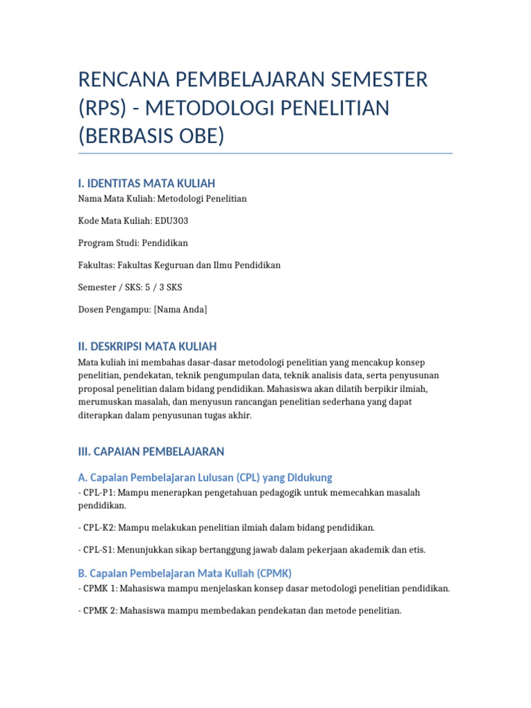 RPS Metodologi Penelitian Berbasis OBE | PDF