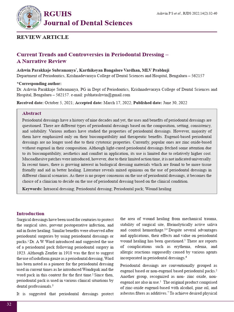 PDal Dressing Subramanya | PDF | Periodontology | Healing