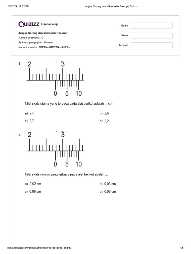 Quiz Jangka Sorong dan Mikrometer | PDF