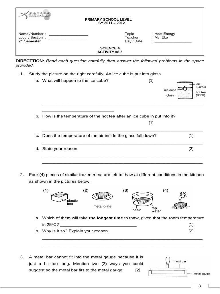 Heat Energy Questions for Primary Students | PDF