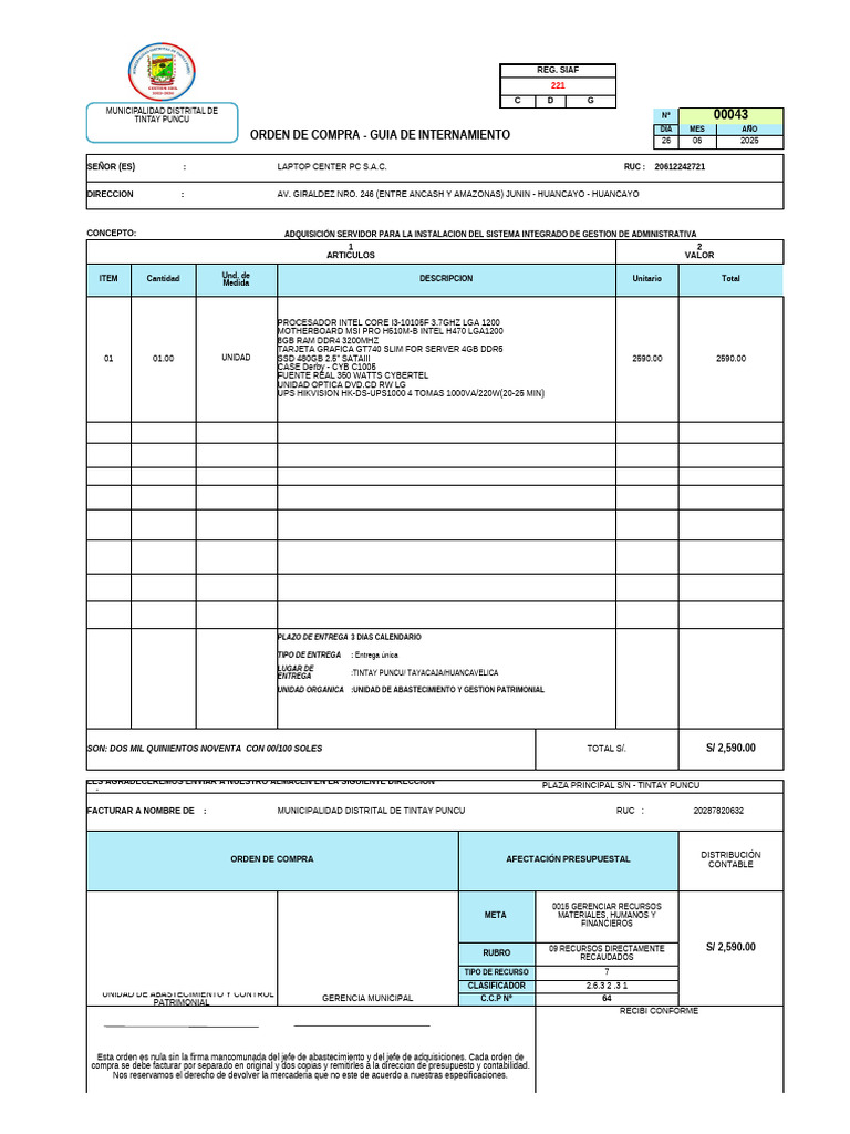 Orden de Compra Servidor Municipalidad | PDF | Datos de computadora ...