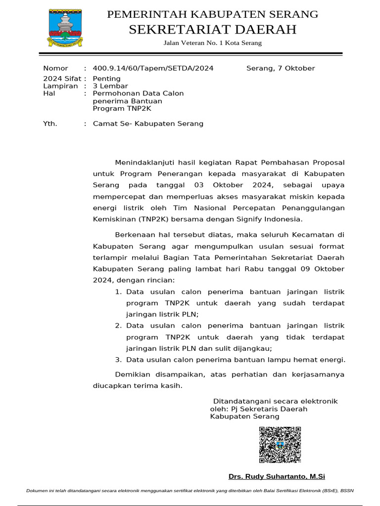 Usulan Bantuan Listrik TNP2K 2024 | PDF