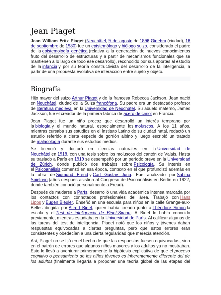 Biografía y Teoría de Jean Piaget | PDF | Pensamiento | Sicología