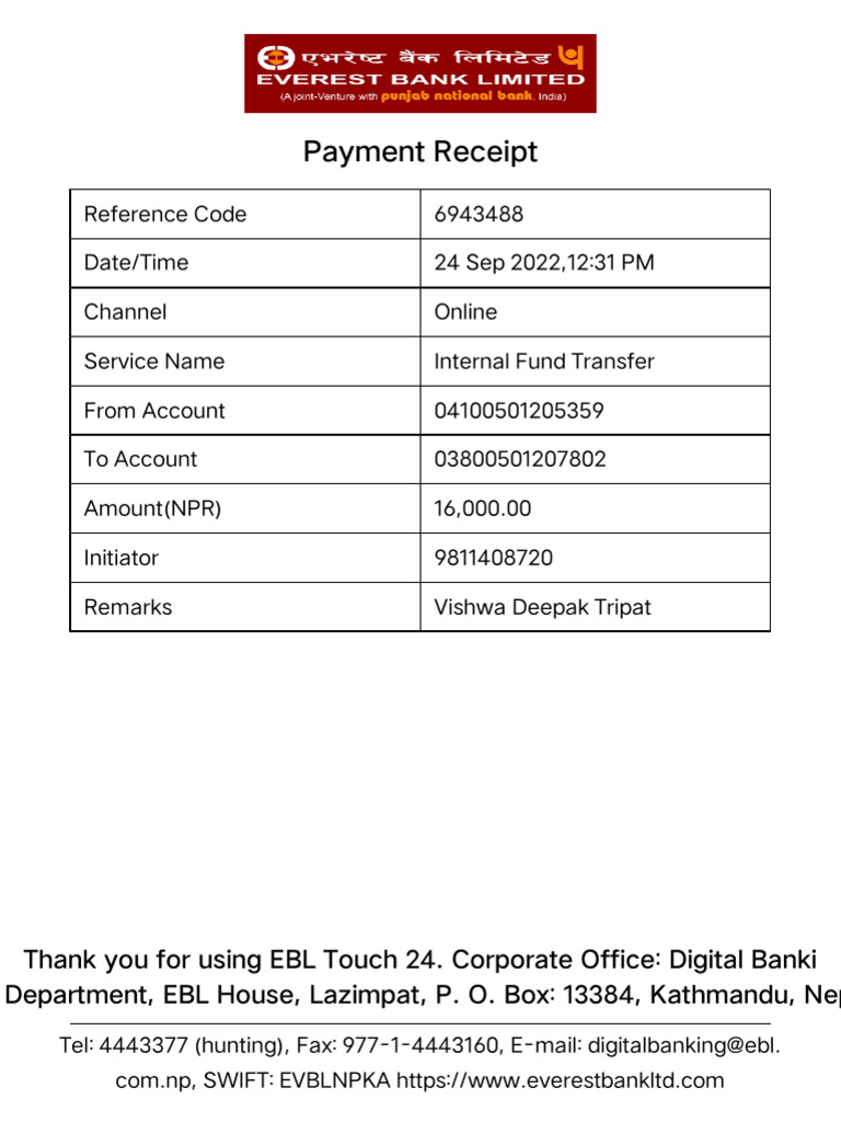 EBL Internal Fund Transfer Receipt | PDF