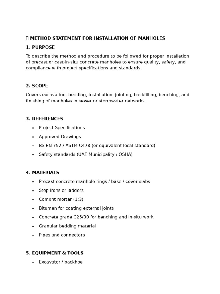 Manhole Installation Method Statement | PDF | Pipe (Fluid Conveyance ...