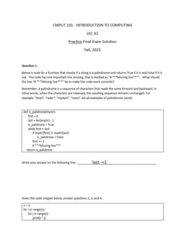 CMPUT 101 Practice Final Exam Solution | PDF | Sampling (Signal ...