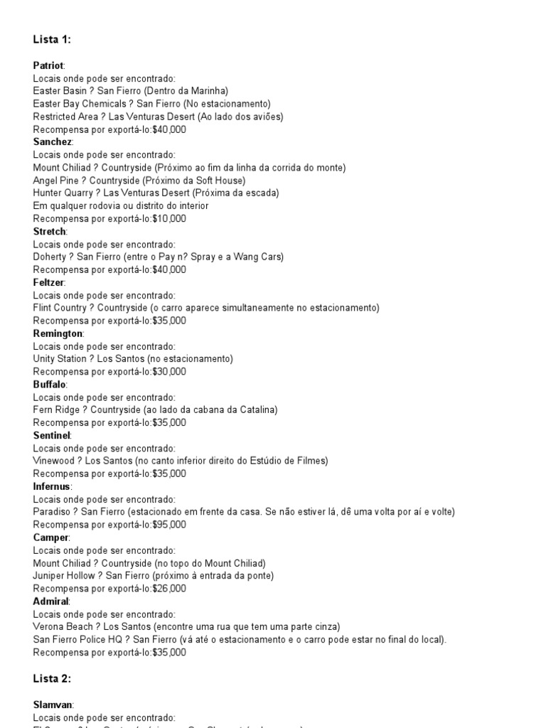 Lista Dos Carros de GTA San Andreas, PDF, Esportes