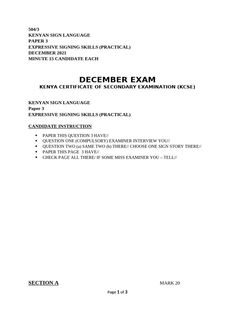 KCSE 2021 Kenyan Sign Language Exam | PDF