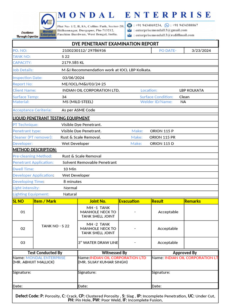DP Test - Vaccum Test - Pneumatic Test Report Iocl LBP Paharpur | PDF ...
