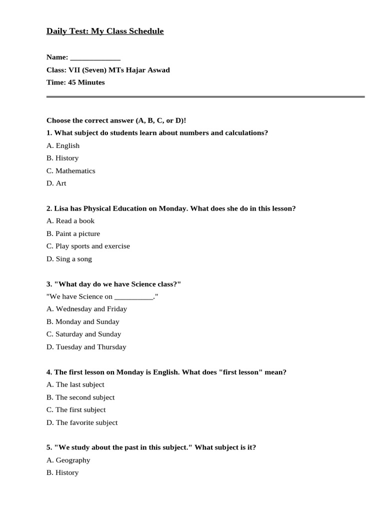 Daily Class Schedule Quiz for VII Grade | PDF