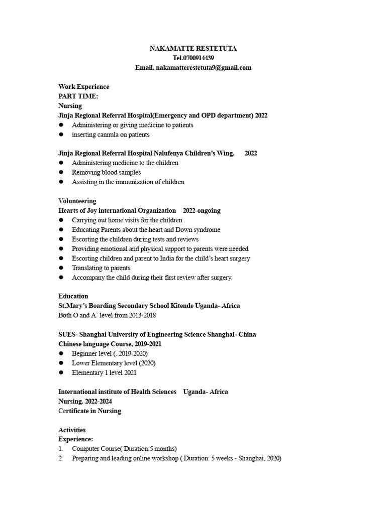 Nursing Experience and Skills Summary | PDF
