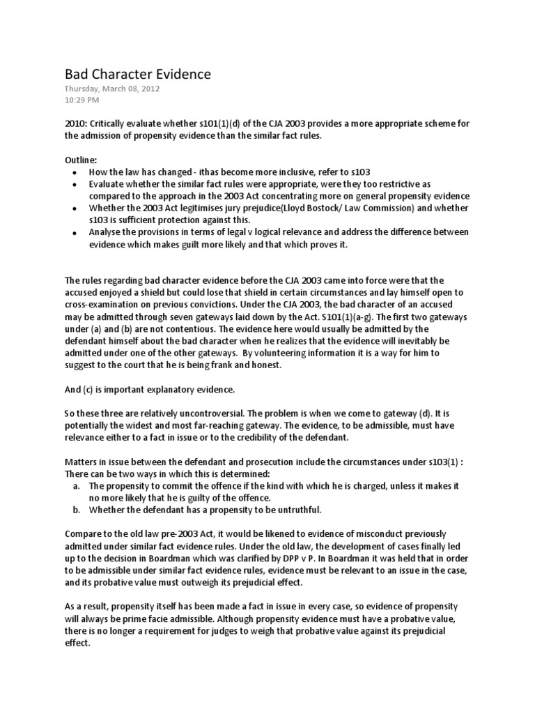 Bad Character Evidence | PDF | Relevance (Law) | Evidence (Law)