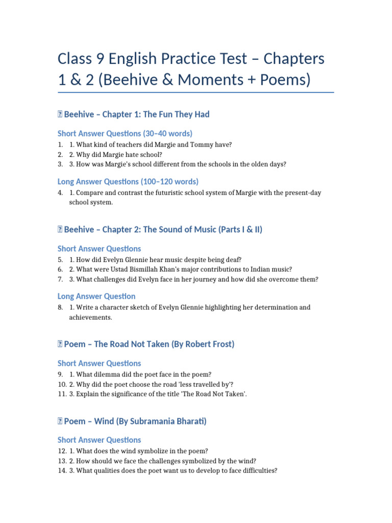 Class 9 English Practice Test: Chapters 1 & 2 | PDF