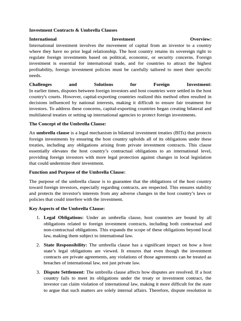 Understanding Investment Contracts & Umbrella Clauses | PDF | Treaty ...