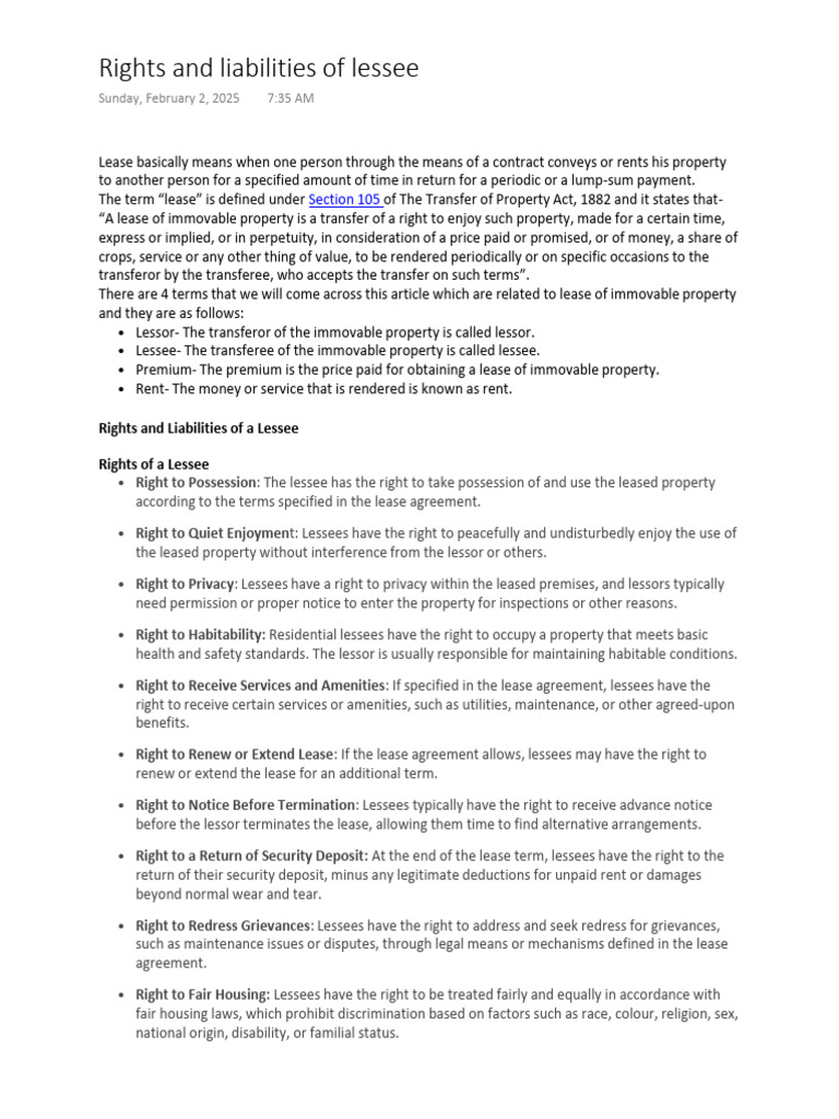 Rights and Liabilities of Lessees | PDF | Lease | Property Law