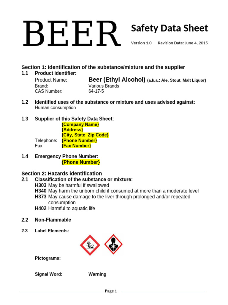 Beer Safety Data Sheet Overview | PDF | Dangerous Goods | Toxicity