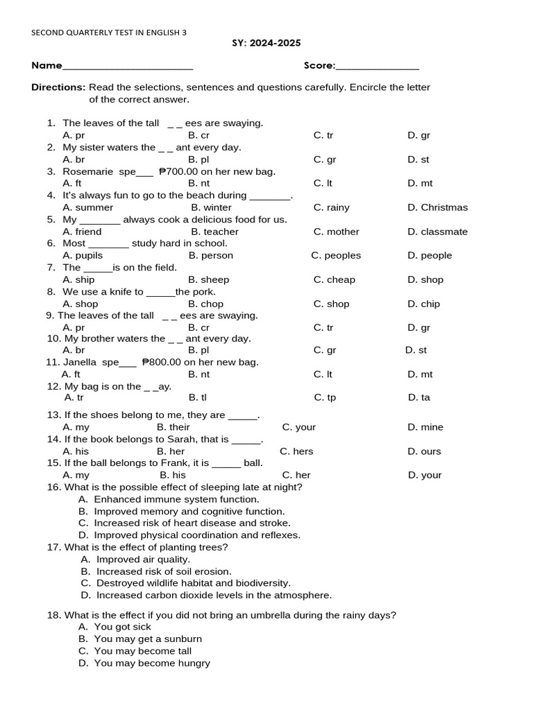 English 3-Second Quarterly Test | PDF | Pizza