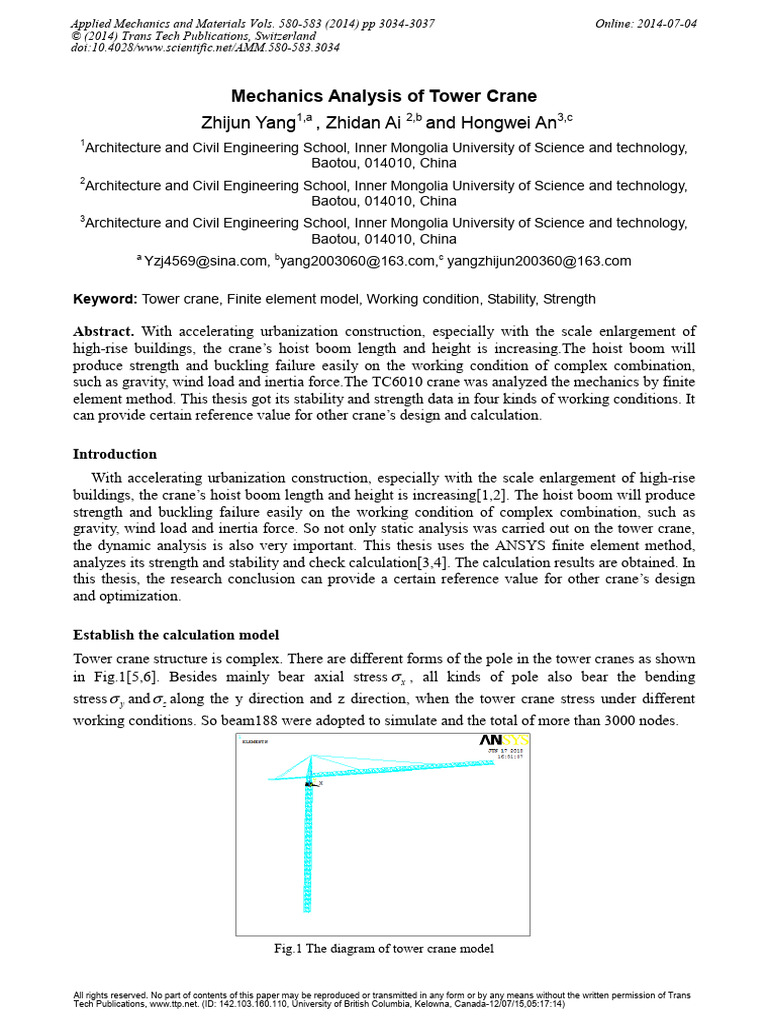 Mechanics Analysis of Tower Crane | PDF | Crane (Machine) | Stress ...
