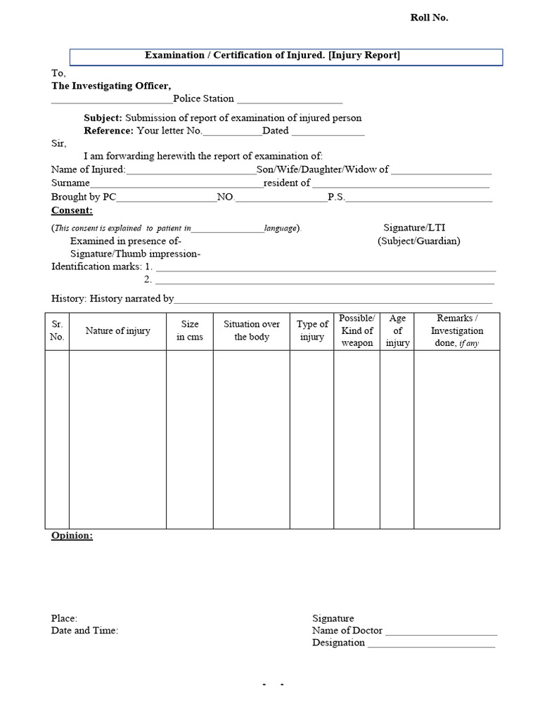 Injury Examination Report Template | PDF