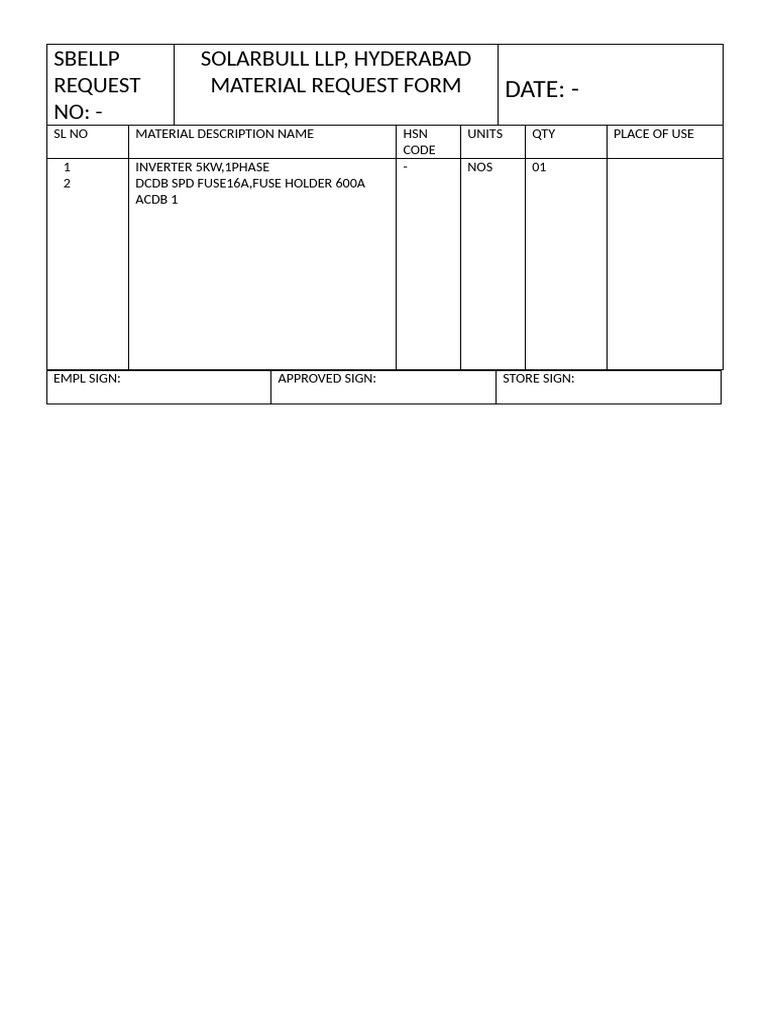 Solar Material Request Form | PDF