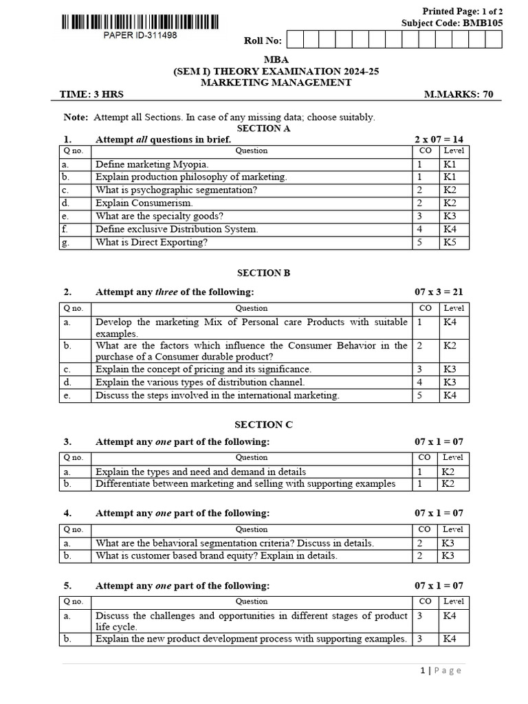 Mba 1 Sem Marketing Management Bmb105 Mar 2025 | PDF | Marketing | Mass ...